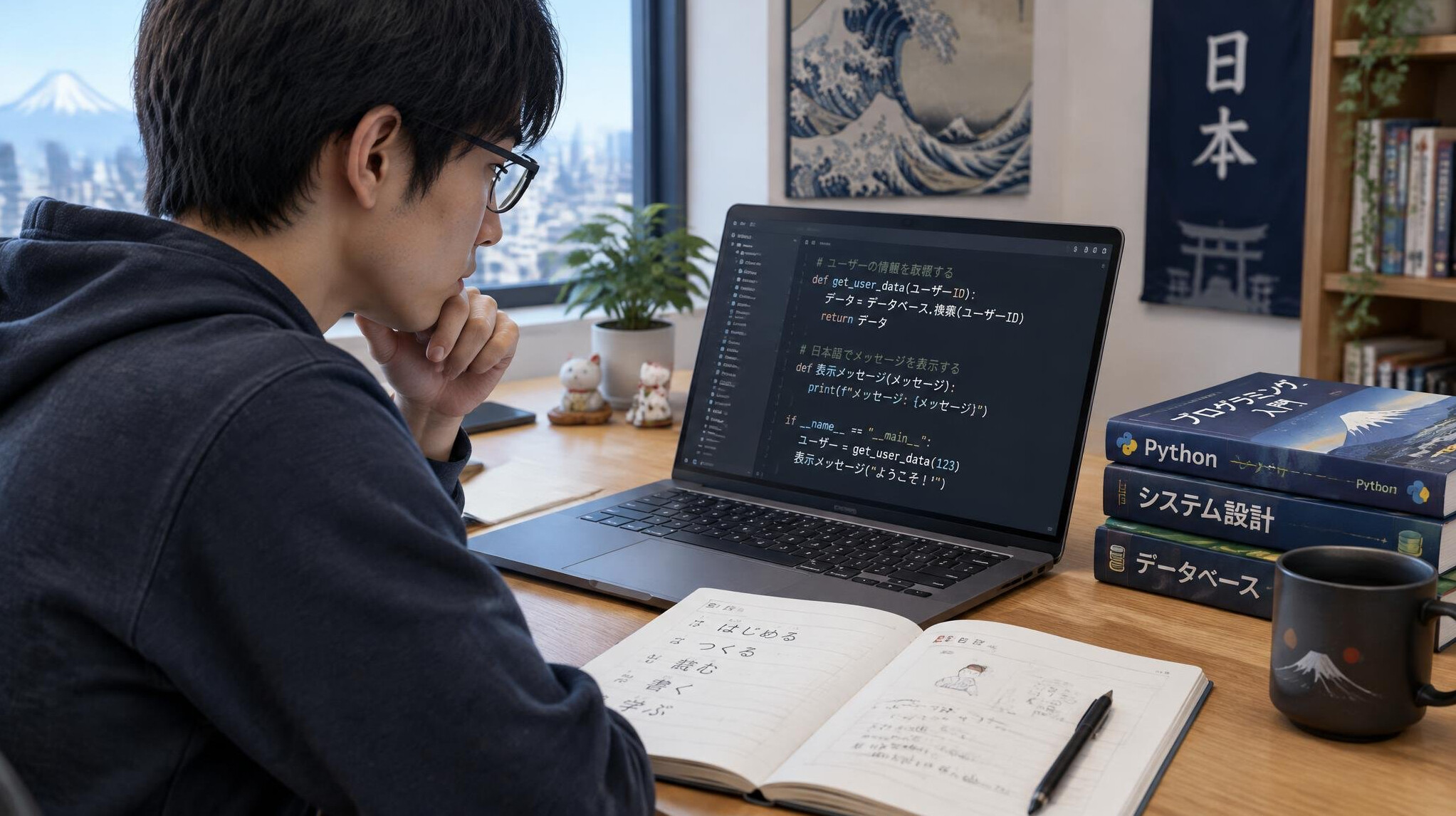 japanese programmer at desk