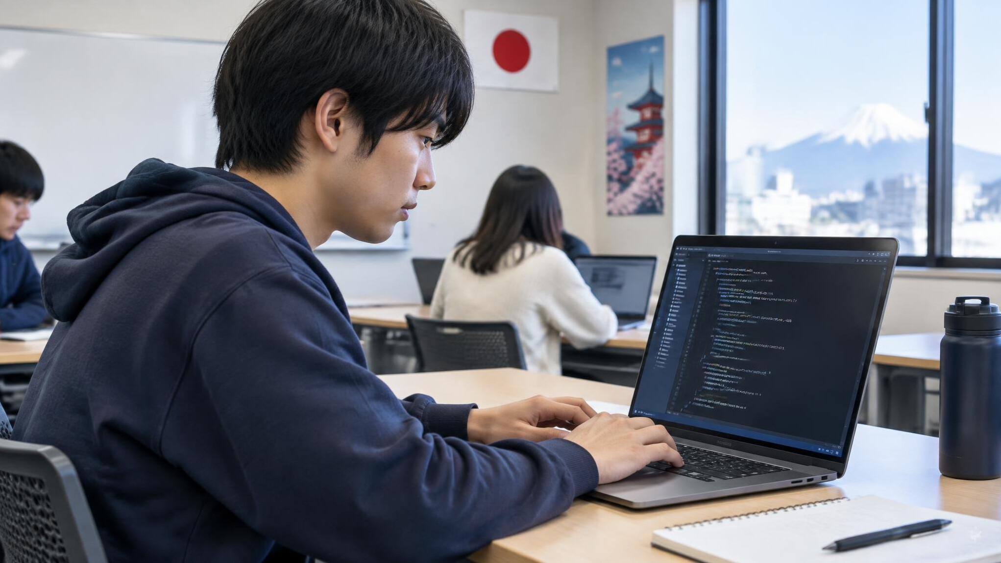 japanese student coding on laptop
