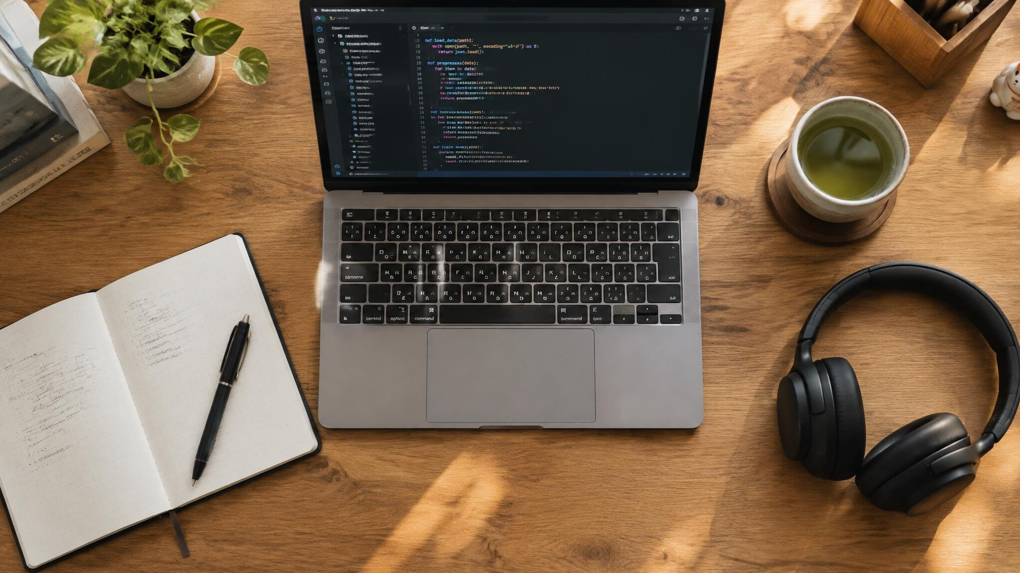 Top-down view of a person working at a wooden desk with a laptop, notebook and coffee
